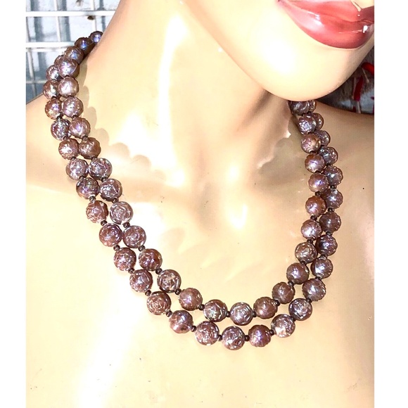 VTG 30s/40s Root Beer Flower Molded Plastic Dbl Strand Beaded Necklace Austria - Picture 3 of 12